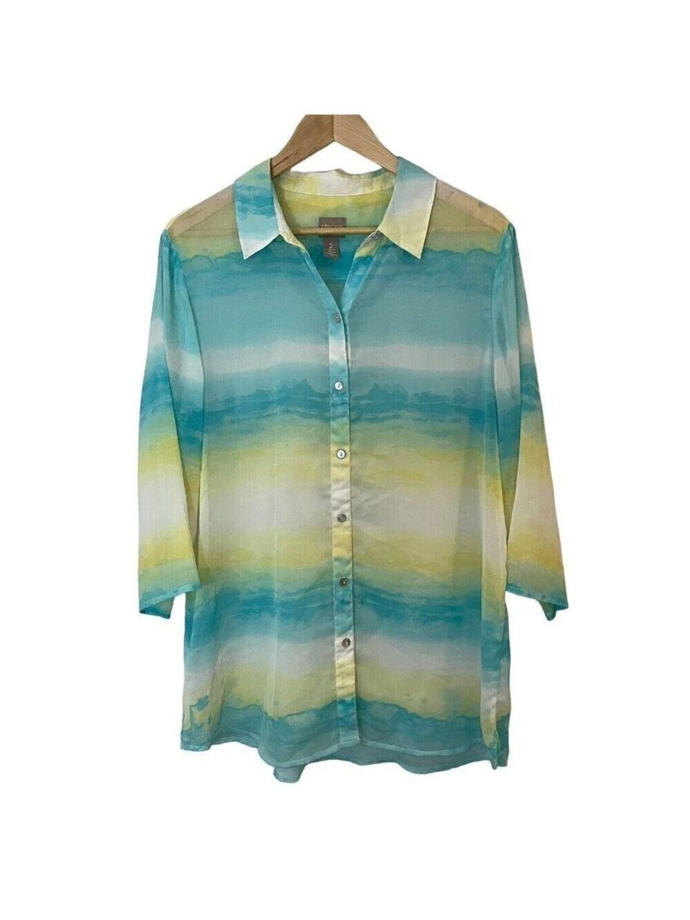 Chico's Sheer Colbie Button Up Top Sz 2 L Blue Yellow Ombre Sheer Tie Dye Blouse